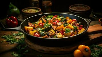 healthy vegetarian meal cooked in cast iron frying pan photo