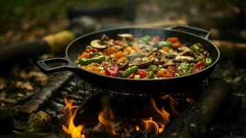 healthy vegetarian meal cooked outdoors on wood flame photo