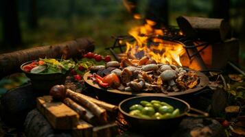 sano vegetariano comida cocido al aire libre en madera fuego foto