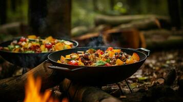 healthy vegetarian meal cooked outdoors on wood flame photo