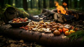 sano vegetariano comida cocido al aire libre en madera fuego foto