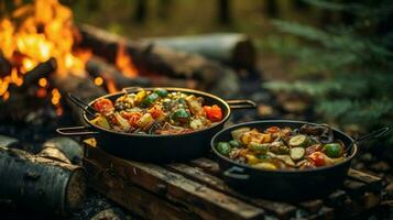 sano vegetariano comida cocido al aire libre en madera fuego foto