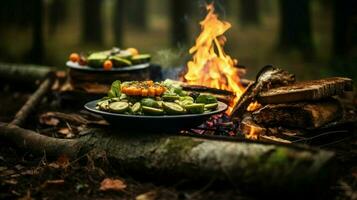 healthy vegetarian meal cooked outdoors on wood flame photo