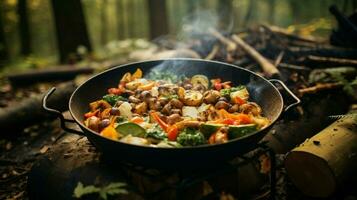 healthy vegetarian meal cooked outdoors on wood flame photo