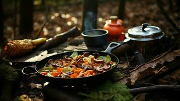 healthy vegetarian meal cooked outdoors on wood flame photo