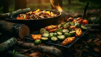 healthy vegetarian meal cooked outdoors on wood flame photo