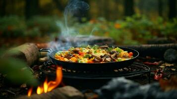 healthy vegetarian meal cooked outdoors on wood flame photo