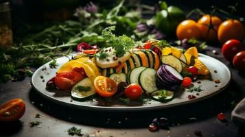 sano vegetariano comida con Fresco orgánico hierbas foto