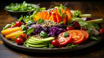 sano vegetariano ensalada comida con Fresco orgánico vegetal foto