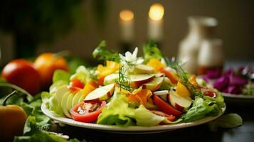 sano vegetariano ensalada comida con Fresco orgánico vegetal foto
