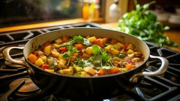 healthy vegetarian stew cooking on stove top in homemade photo