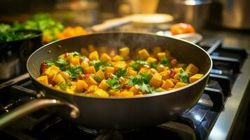 healthy vegetarian stew cooking on stove top in homemade photo