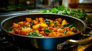 healthy vegetarian stew cooking on stove top in homemade photo