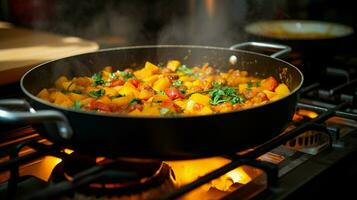 sano vegetariano estofado Cocinando en estufa parte superior en hecho en casa foto