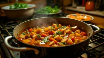 healthy vegetarian stew cooking on stove top in homemade photo