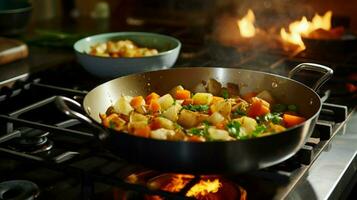 healthy vegetarian stew cooking on stove top in homemade photo