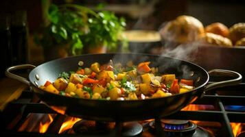 sano vegetariano estofado Cocinando en estufa parte superior en hecho en casa foto