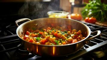 healthy vegetarian stew cooking on stove top in homemade photo