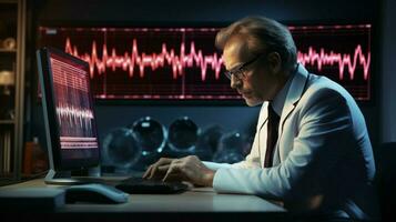 heartbeat pulsating on computer monitor doctor analyzing photo