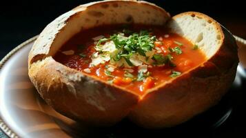 healthy vegetarian tomato soup served in a homemade bread photo