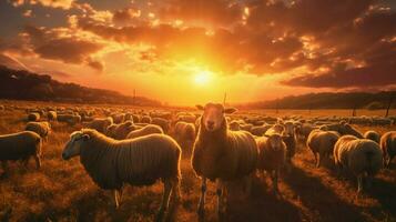 herd grazing on meadow backlit by sunset photo