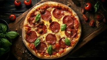 high angle view of rustic homemade pepperoni pizza baked photo