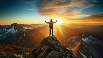 hiking up mountain peak at sunrise success achieved photo