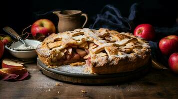 homemade apple pie baked with fresh fruit and rustic past photo