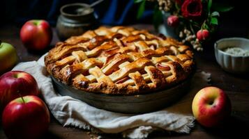 homemade apple pie baked with fresh fruit and rustic past photo