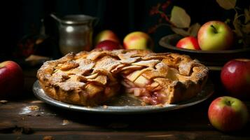 homemade apple pie baked with fresh fruit and rustic past photo