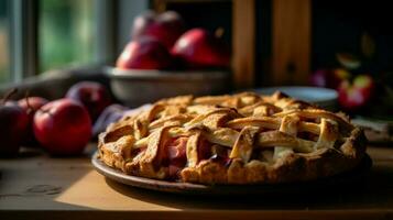 hecho en casa manzana tarta horneado con Fresco Fruta y rústico pasado foto