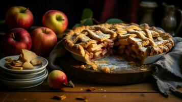 homemade apple pie baked with fresh fruit and rustic past photo