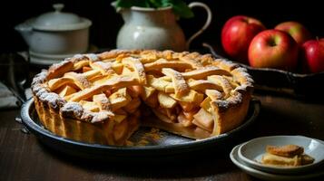 homemade apple pie baked with fresh fruit and rustic past photo