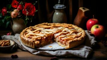 hecho en casa manzana tarta horneado con Fresco Fruta y rústico pasado foto