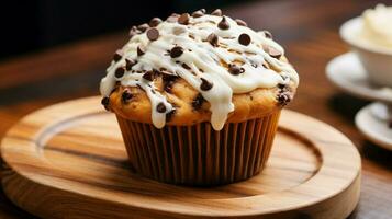 homemade chocolate chip muffin with creamy icing on wooden table photo