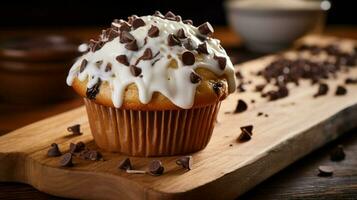 homemade chocolate chip muffin with creamy icing on wooden table photo