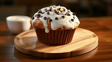 homemade chocolate chip muffin with creamy icing on wooden table photo