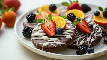 homemade chocolate cookie with icing decorated with fresh photo