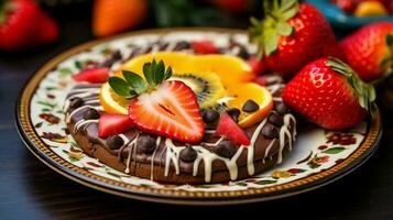 homemade chocolate cookie with icing decorated with fresh photo
