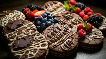 hecho en casa gastrónomo galletas horneado con chocolate y Fruta foto