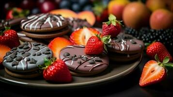 homemade gourmet cookies baked with chocolate and fruit photo