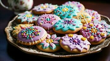 hecho en casa gastrónomo galletas con vistoso Formación de hielo un dulce foto