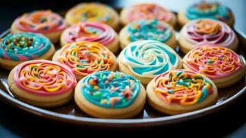 hecho en casa gastrónomo galletas con vistoso Formación de hielo un dulce foto