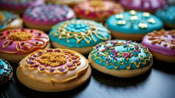 hecho en casa gastrónomo galletas con vistoso Formación de hielo un dulce foto