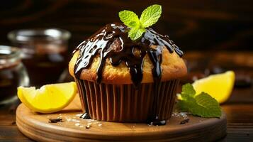 homemade lemon muffin with chocolate icing on wood table photo