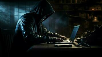 hooded burglar typing crime on dark laptop photo