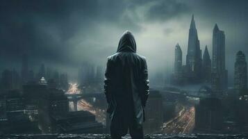 hooded businessman standing alone gazing at cityscape photo