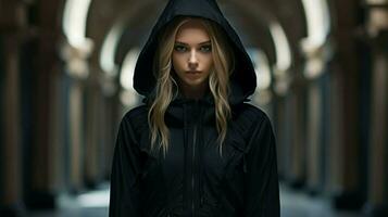 hooded jacket on fashion model in black photo