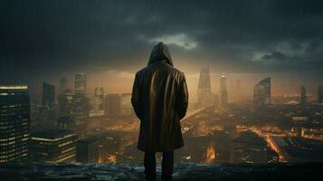 hooded businessman standing alone gazing at cityscape photo