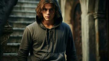 hooded shirt fashion on young adult male photo